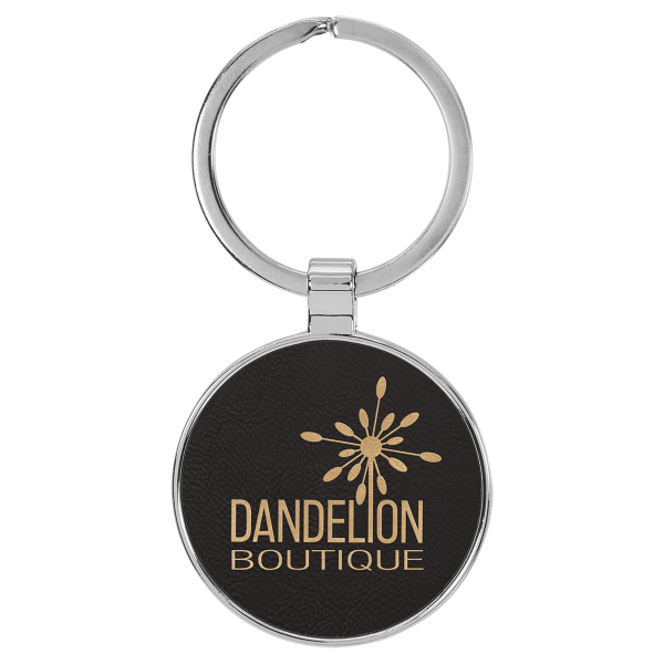 1.5" Black/Gold Metal Round Leatherette Keychain – item GFT2192 image 3