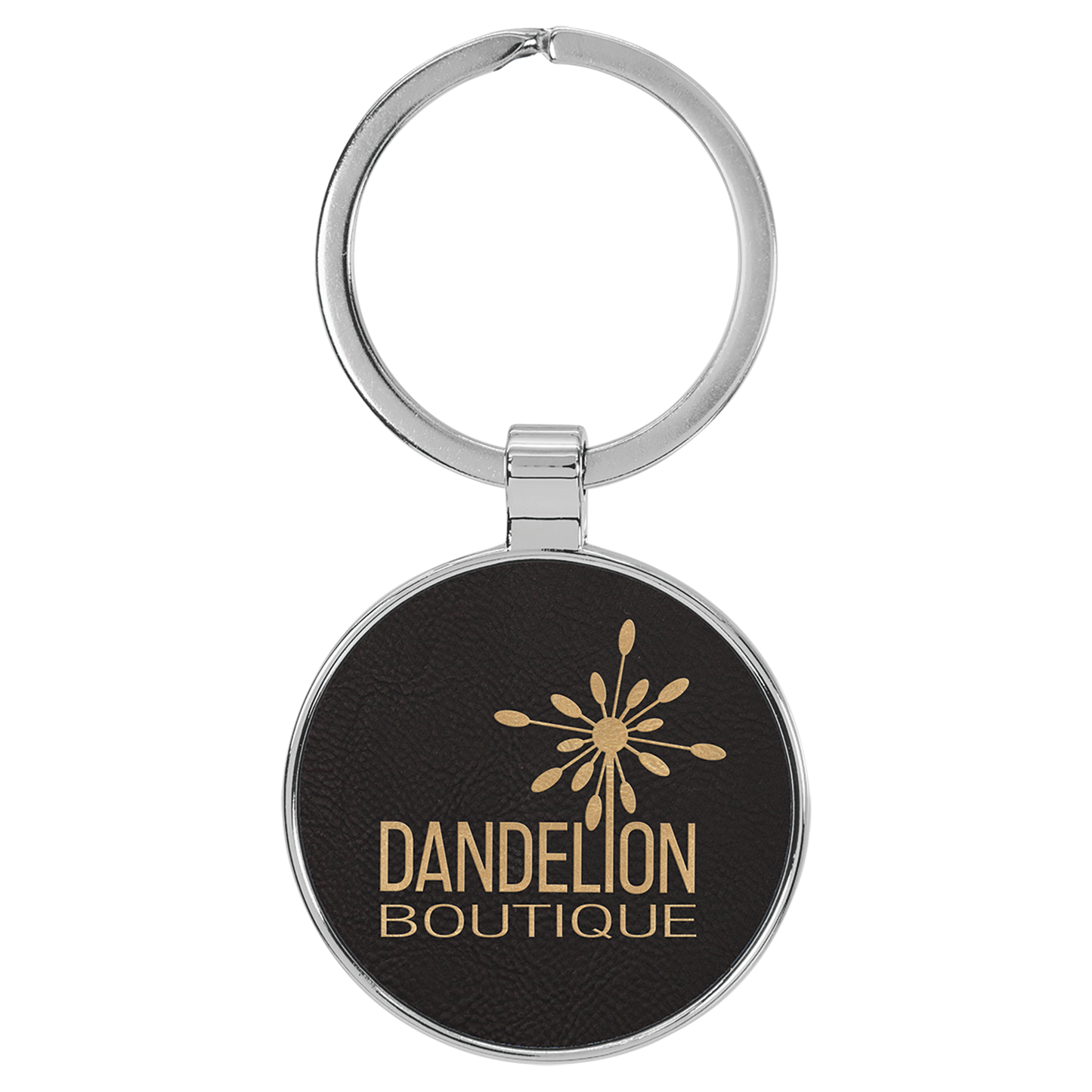 1.5" Black/Gold Metal Round Leatherette Keychain – item GFT2192