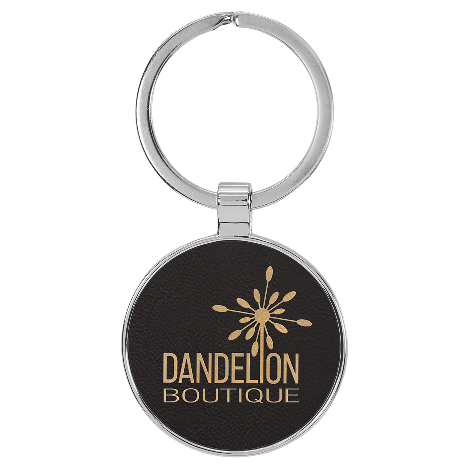 1.5" Black/Gold Metal Round Leatherette Keychain – item GFT2192