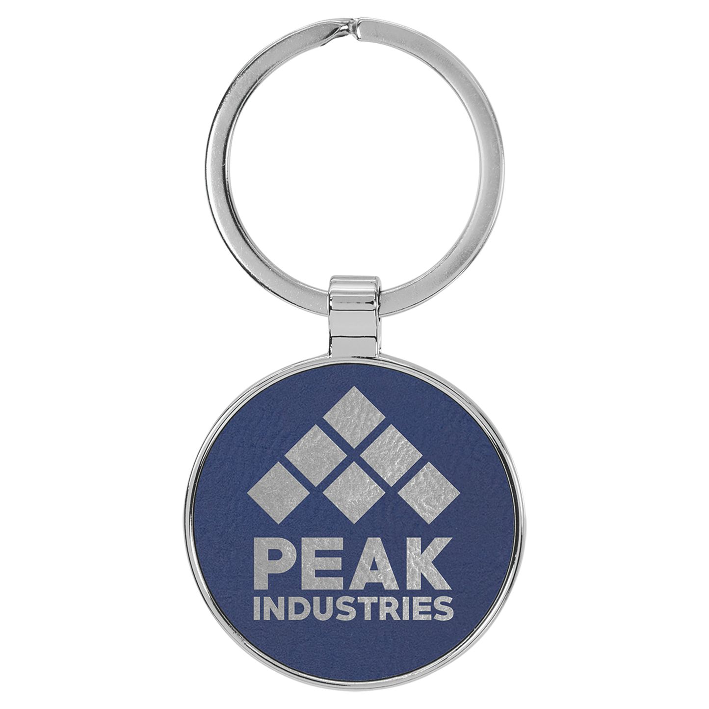 1.5" Blue/Silver Metal Round Leatherette Keychain – item GFT2199