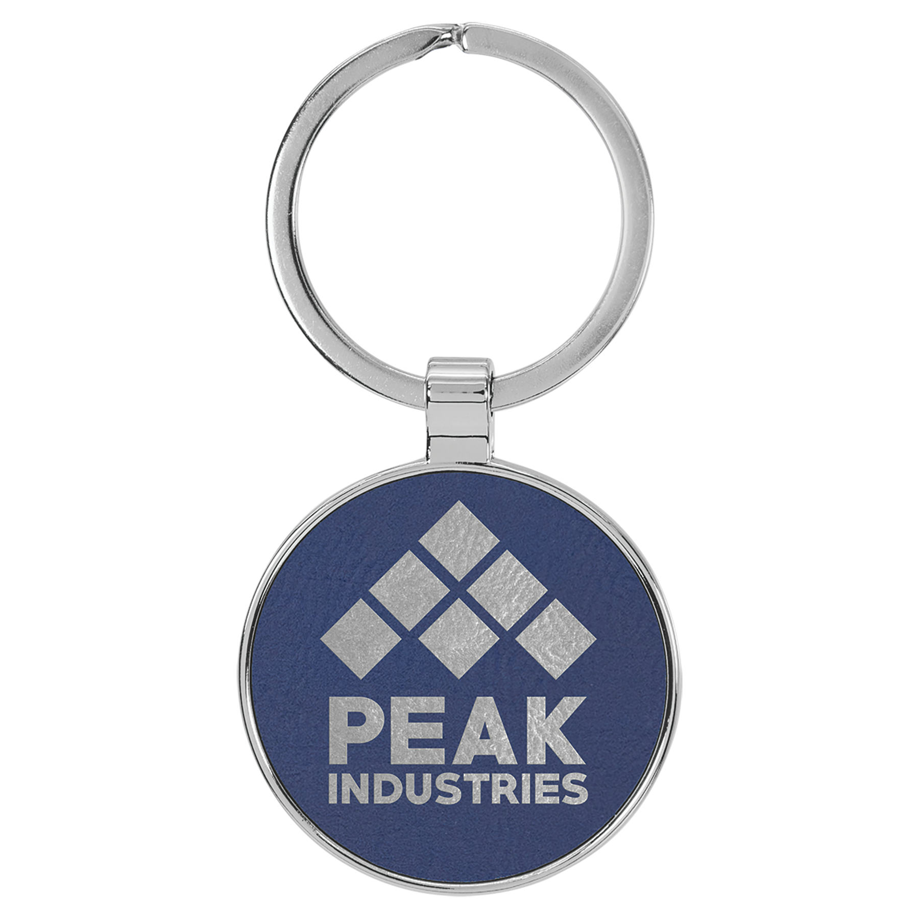 1.5" Blue/Silver Metal Round Leatherette Keychain – item GFT2199