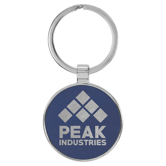 1.5" Blue/Silver Metal Round Leatherette Keychain – item GFT2199
