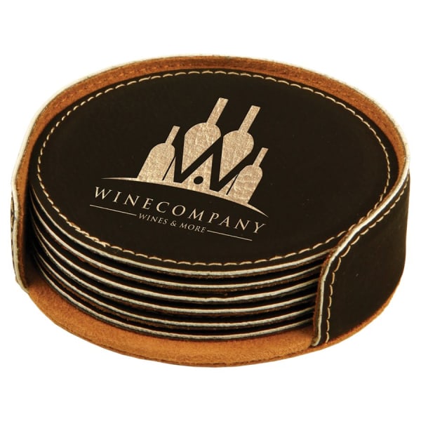 4" x 1.25" /Gold Round Leatherette 6-Coaster Set – item GFT260A image 2