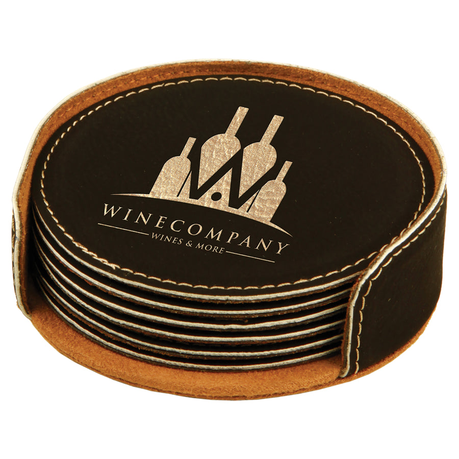 4" x 1.25" /Gold Round Leatherette 6-Coaster Set – item GFT260A