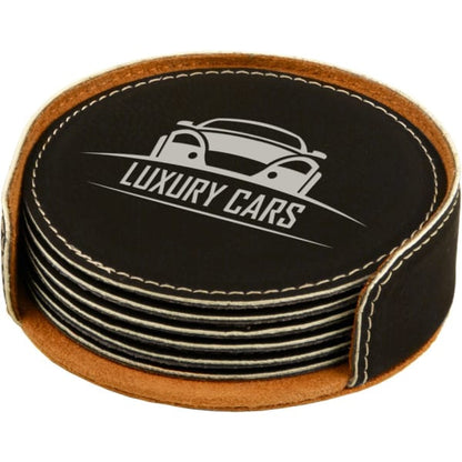 4" x 1.25" Black/Silver Round Leatherette 6-Coaster Set – item GFT283 image 2