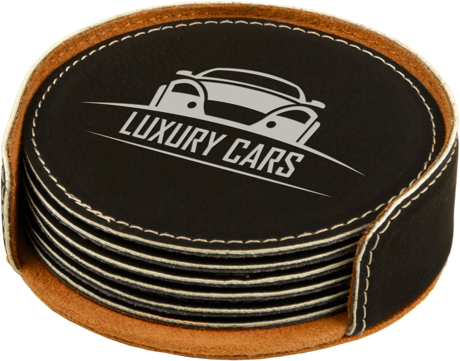 4" x 1.25" Black/Silver Round Leatherette 6-Coaster Set – item GFT283