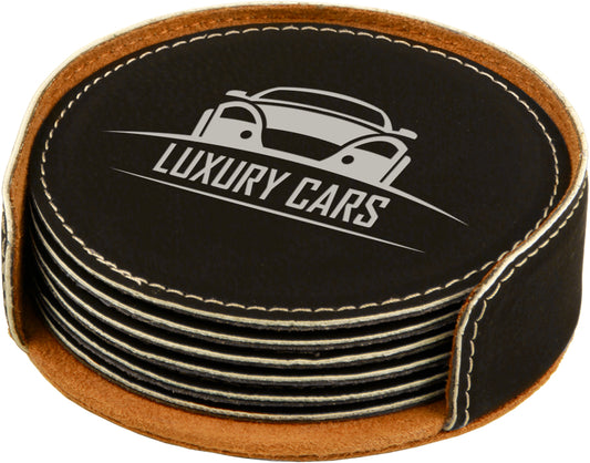 4" x 1.25" Black/Silver Round Leatherette 6-Coaster Set – item GFT283
