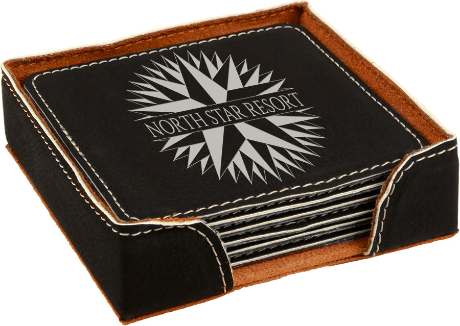 4" x 4" Black/Silver Square Leatherette 6-Coaster Set – item GFT284