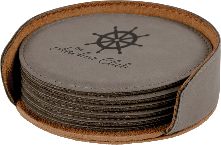 4" x 1.25" Round Leatherette 6-Coaster Set – item GFT405