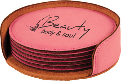4" x 1.25" Round Leatherette 6-Coaster Set – item GFT408