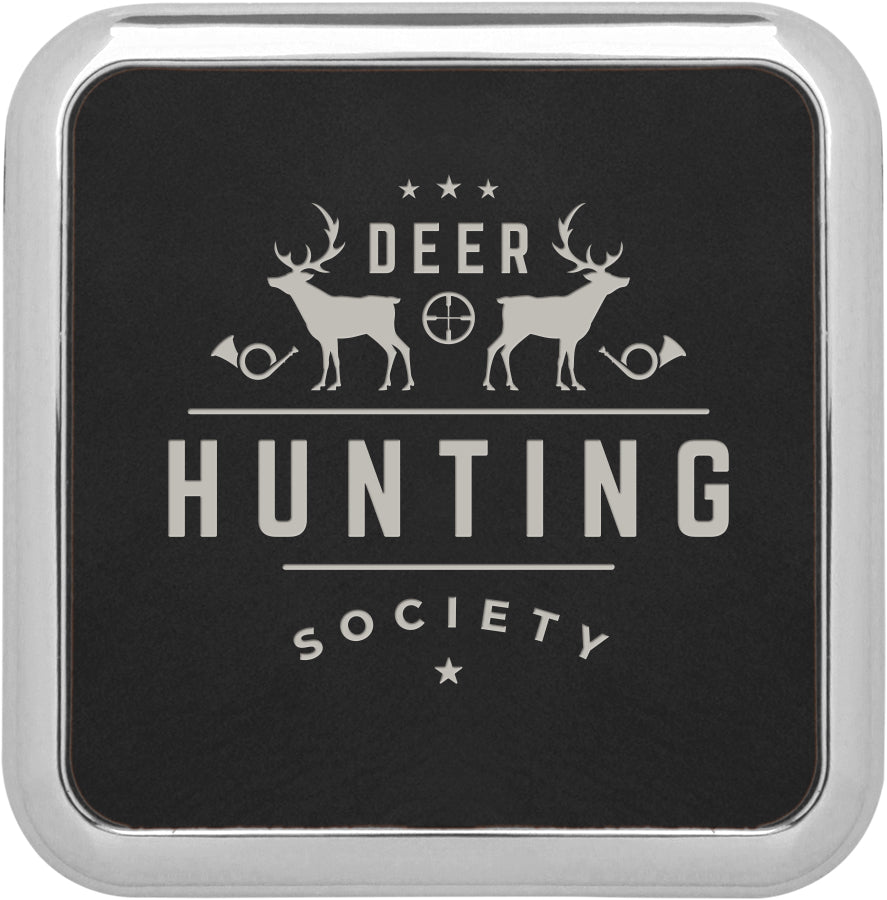 3.625" x 3.625" Black/Silver Square Leatherette Coaster – item GFT428