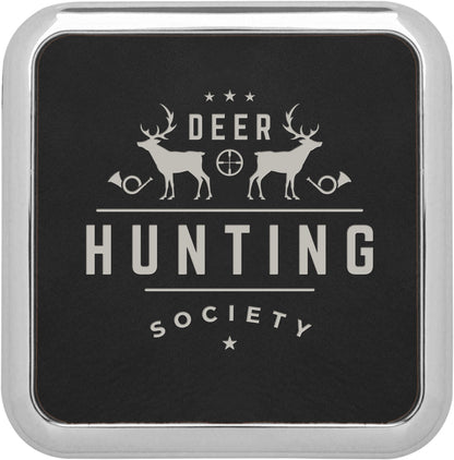 3.625" x 3.625" Black/Silver Square Leatherette Coaster – item GFT428