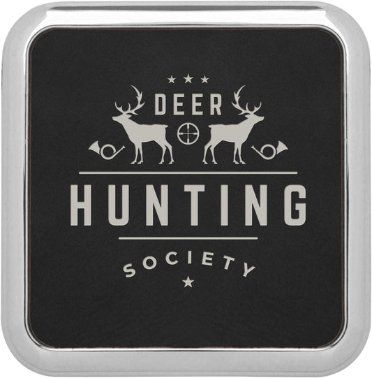 3.625" x 3.625" Black/Silver Square Leatherette Coaster – item GFT428