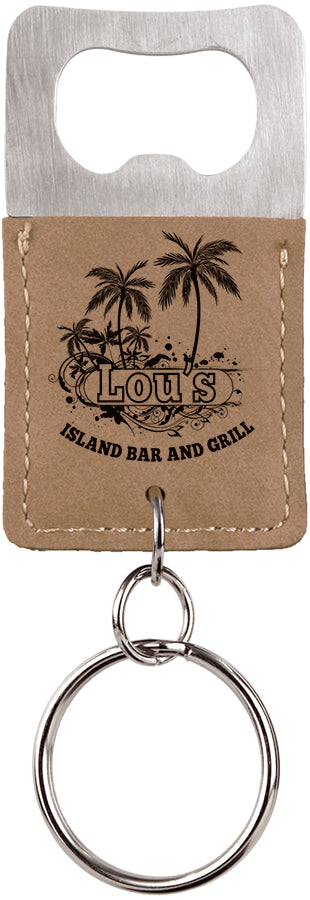 2.75" x 1.5" Light Brown Leatherette Bottle Opener Keychain – item GFT530