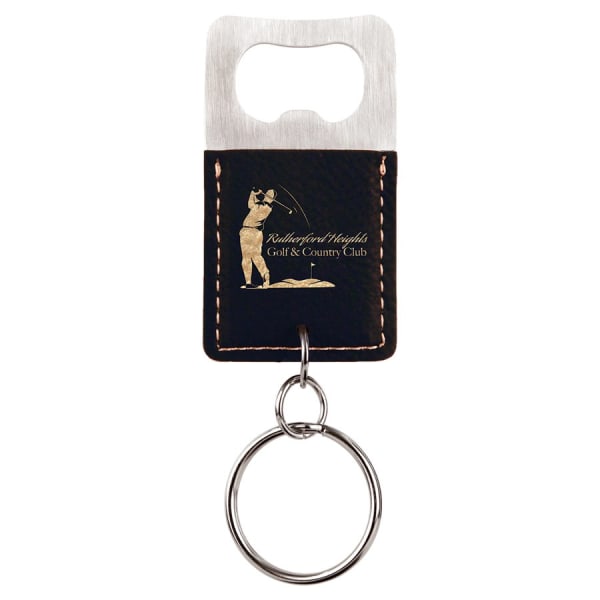 2.75" x 1.5" Black/Gold Leatherette Bottle Opener Keychain – item GFT532A image 2