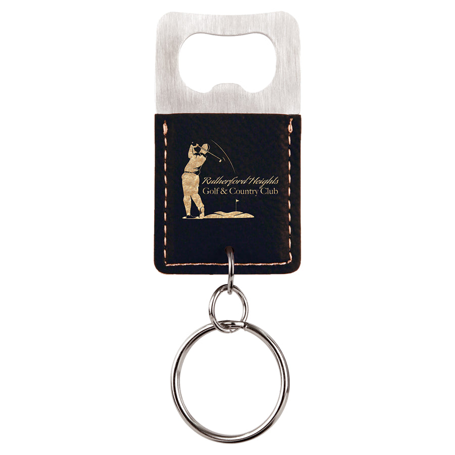 2.75" x 1.5" Black/Gold Leatherette Bottle Opener Keychain – item GFT532A