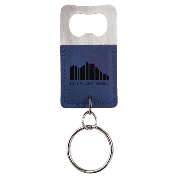 2.75" x 1.5" Blue/Black Leatherette Bottle Opener Keychain – item GFT535 image 2
