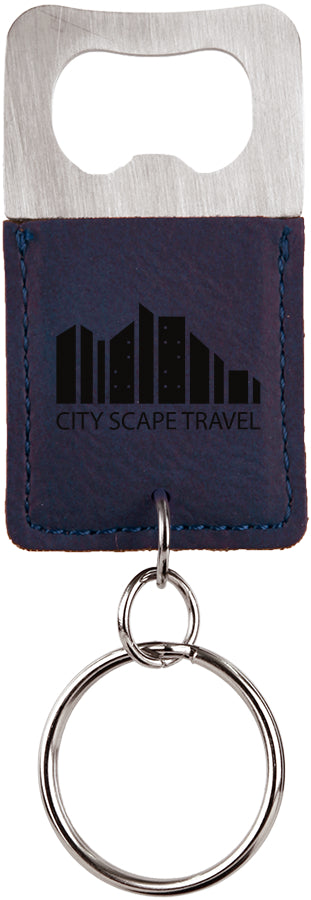 2.75" x 1.5" Blue/Black Leatherette Bottle Opener Keychain – item GFT535