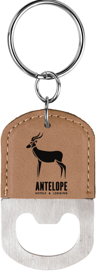 2.5" x 1.5" Light Brown Leatherette Bottle Opener Keychain – item GFT540