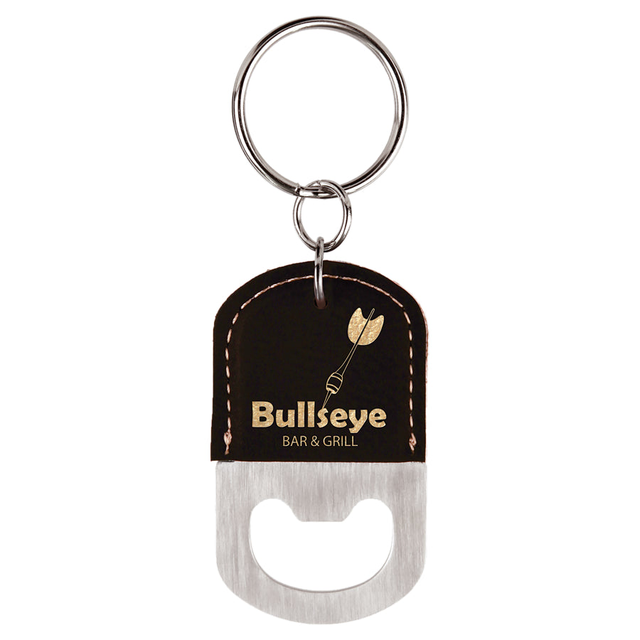 2.5" x 1.5" Black/Gold Leatherette Bottle Opener Keychain – item GFT542A