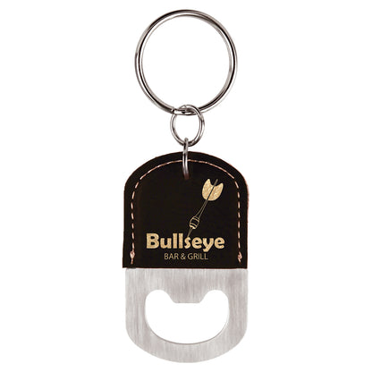 2.5" x 1.5" Black/Gold Leatherette Bottle Opener Keychain – item GFT542A