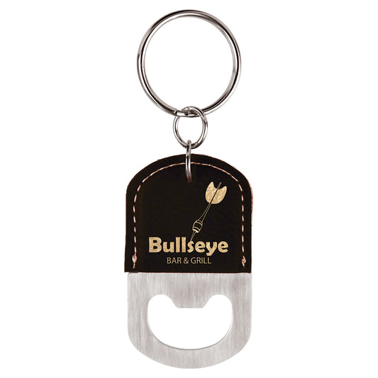 2.5" x 1.5" Black/Gold Leatherette Bottle Opener Keychain – item GFT542A