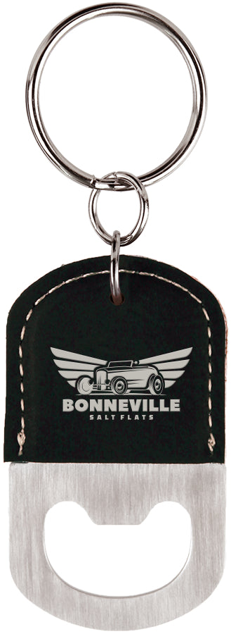 2.5" x 1.5" Black/Silver Leatherette Bottle Opener Keychain – item GFT548
