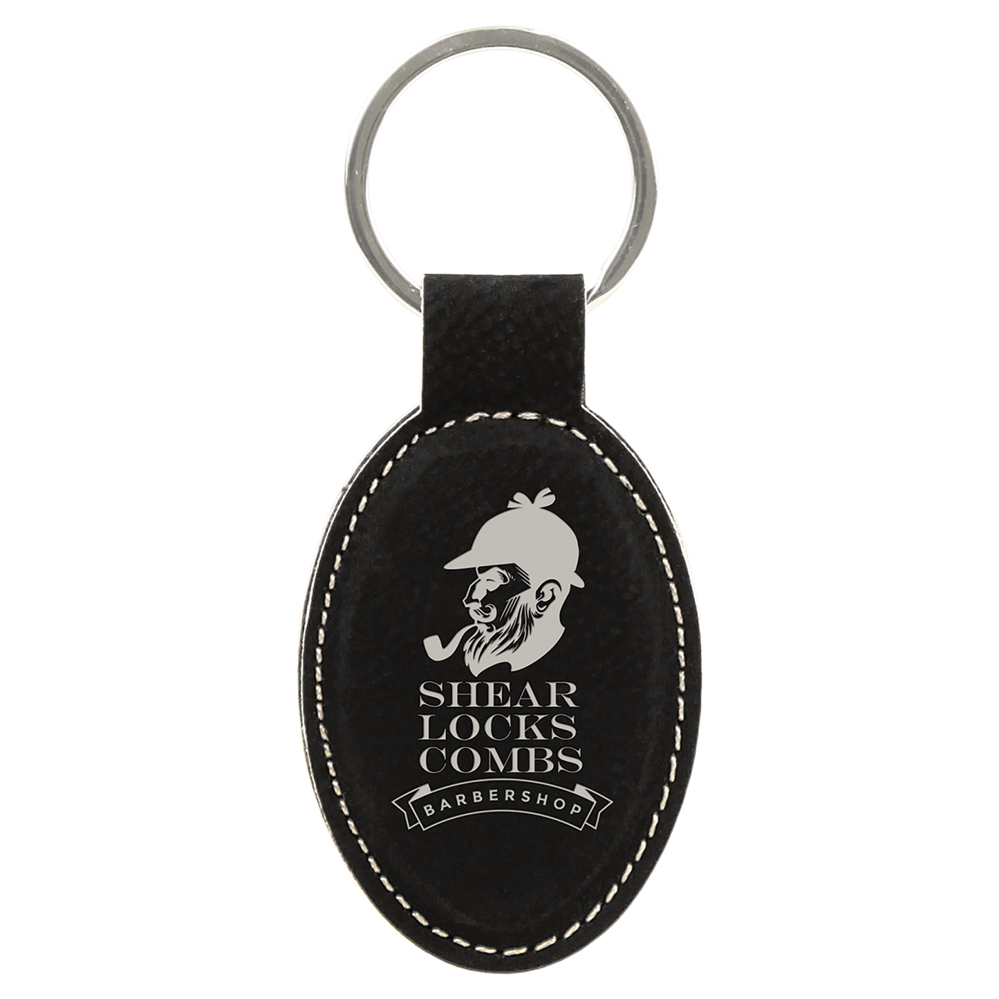 3" x 1.75" Black/Silver Oval Leatherette Keychain – item GFT601