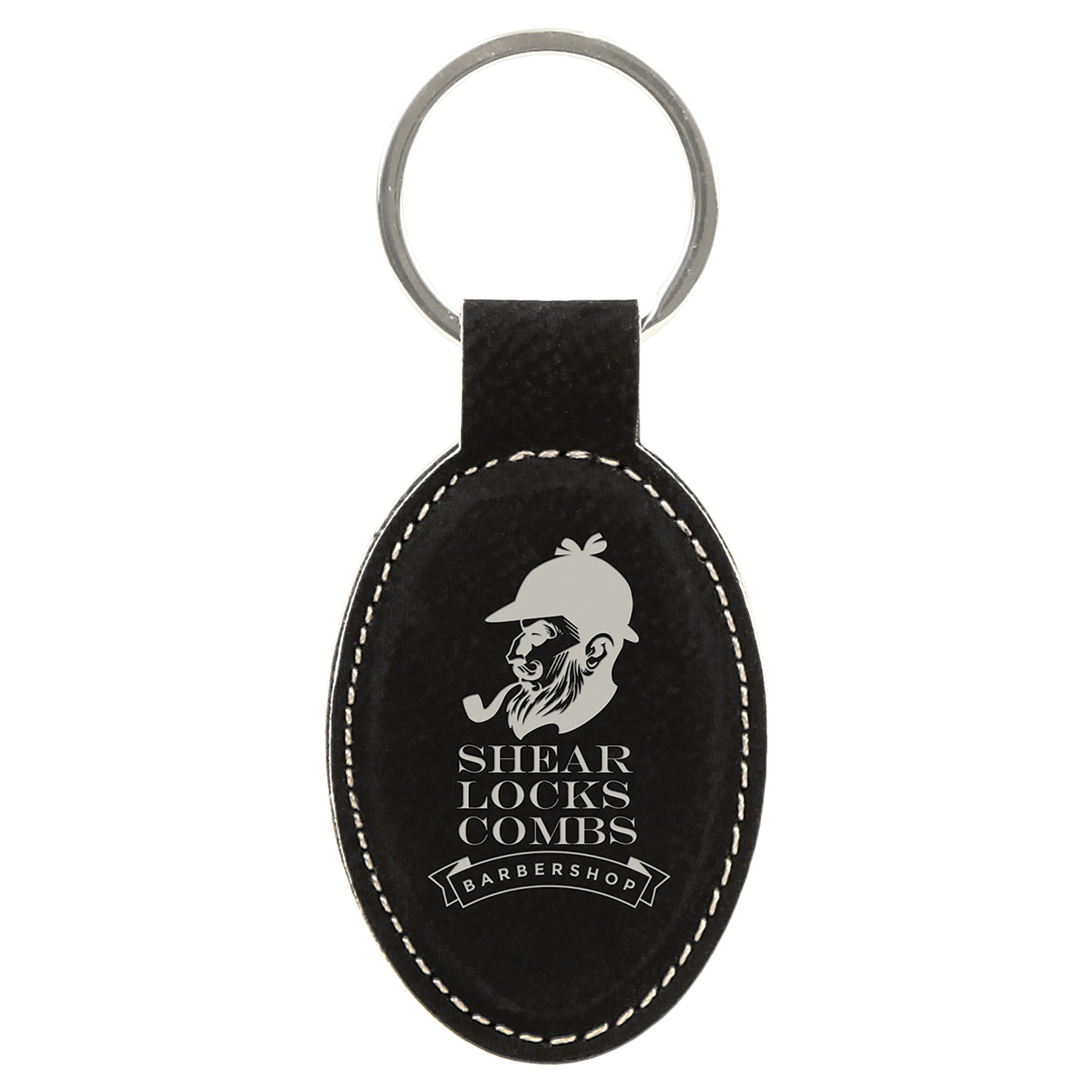 3" x 1.75" Black/Silver Oval Leatherette Keychain – item GFT601