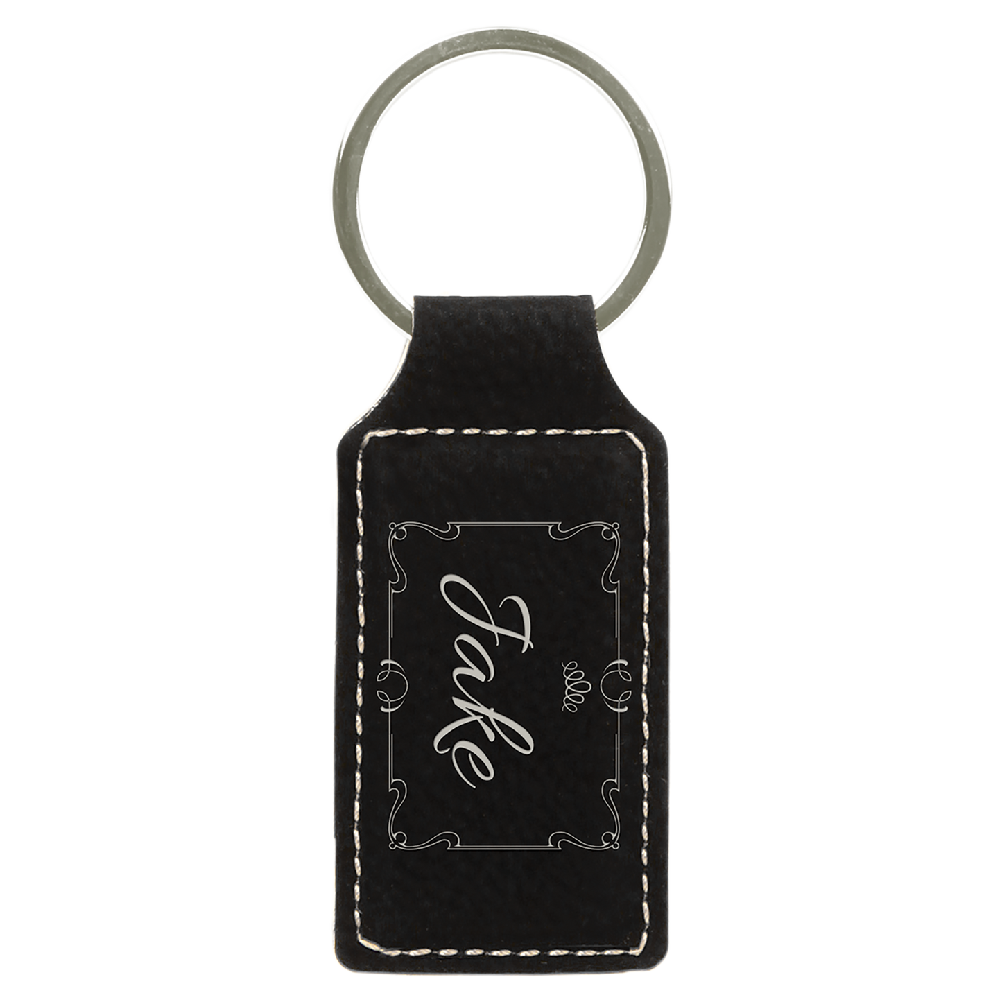 2.75" x 1.25" Black/Silver Rectangle Leatherette Keychain – item GFT602