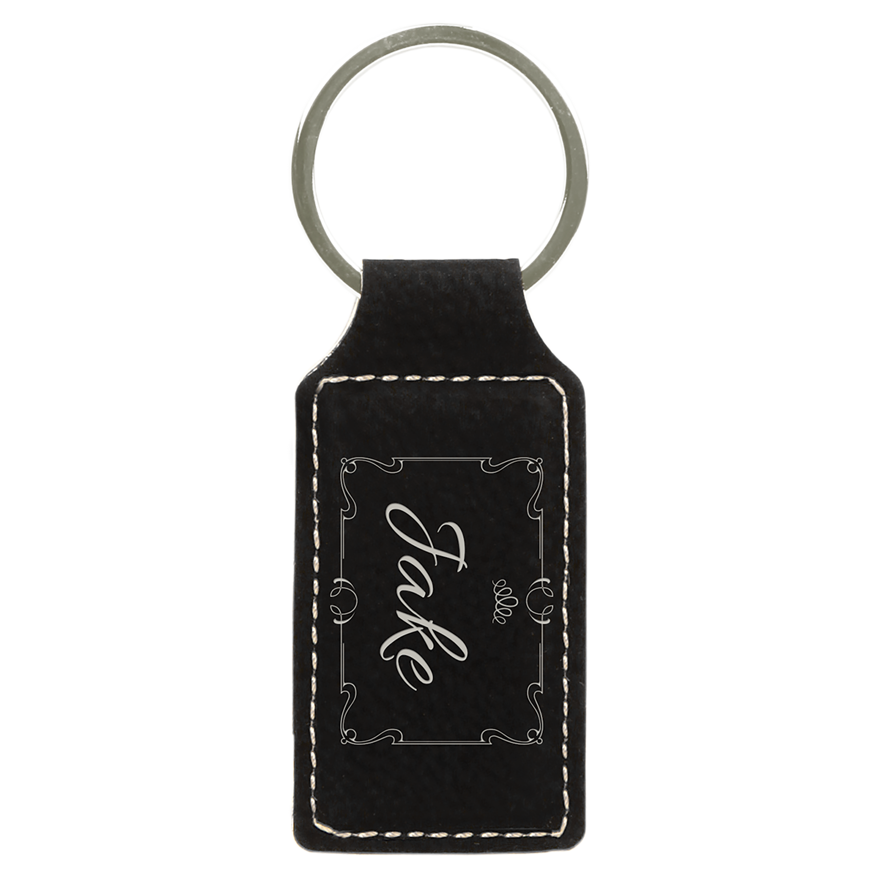2.75" x 1.25" Black/Silver Rectangle Leatherette Keychain – item GFT602