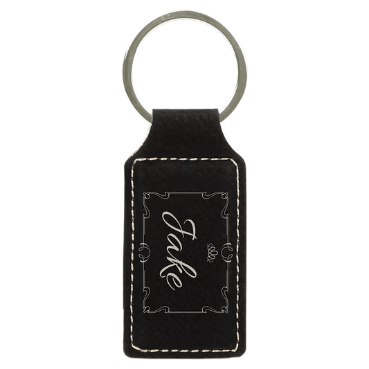 2.75" x 1.25" Black/Silver Rectangle Leatherette Keychain – item GFT602