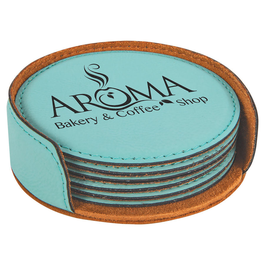 4" x 1.25" Round Leatherette 6-Coaster Set – item GFT626