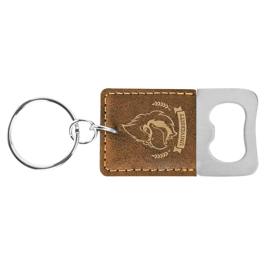 2.75" x 1.5" Rustic/Gold Leatherette Bottle Opener Keychain – item GFT733