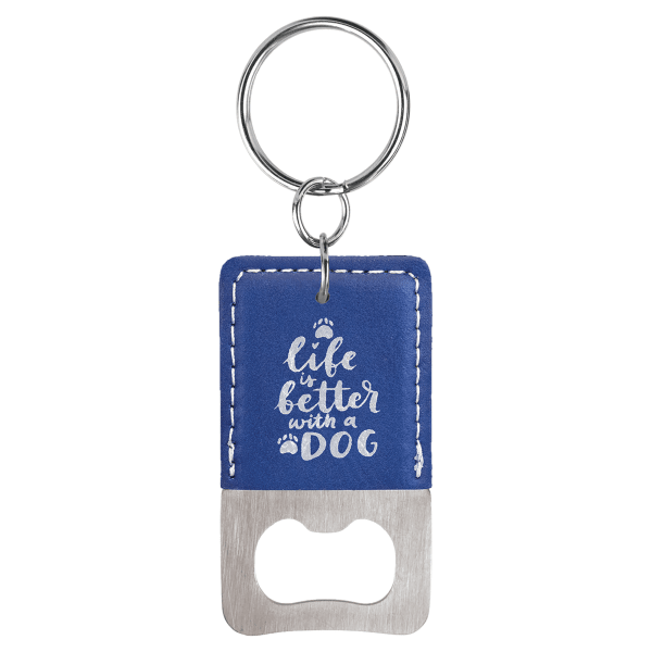 2.75" x 1.5" Blue/Silver Leatherette Bottle Opener Keychain – item GFT816