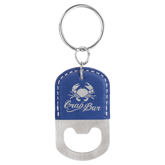 2.5" x 1.5" Blue/Silver Leatherette Bottle Opener Keychain – item GFT826