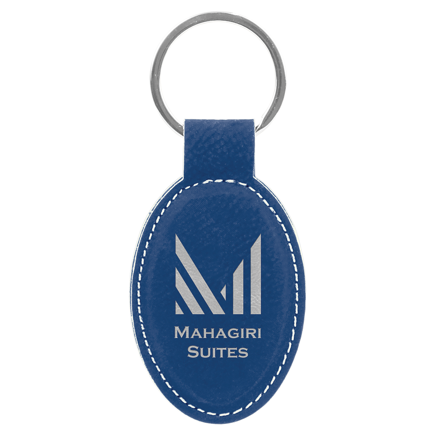 3" x 1.75" Blue/Silver Oval Leatherette Keychain – item GFT830