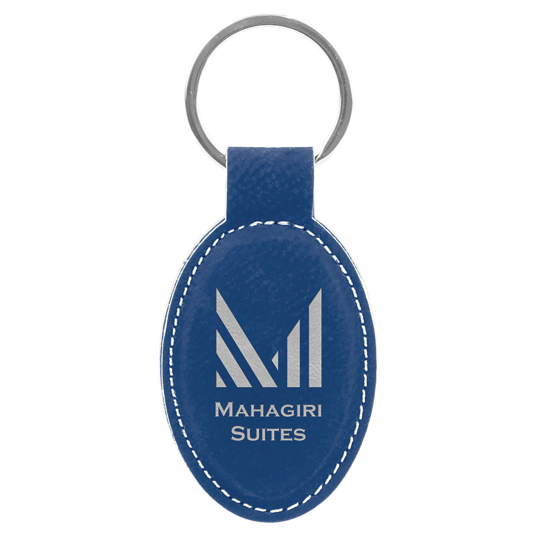 3" x 1.75" Blue/Silver Oval Leatherette Keychain – item GFT830
