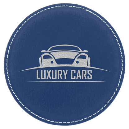 4" Blue/Silver Round Leatherette Coaster – item GFT835
