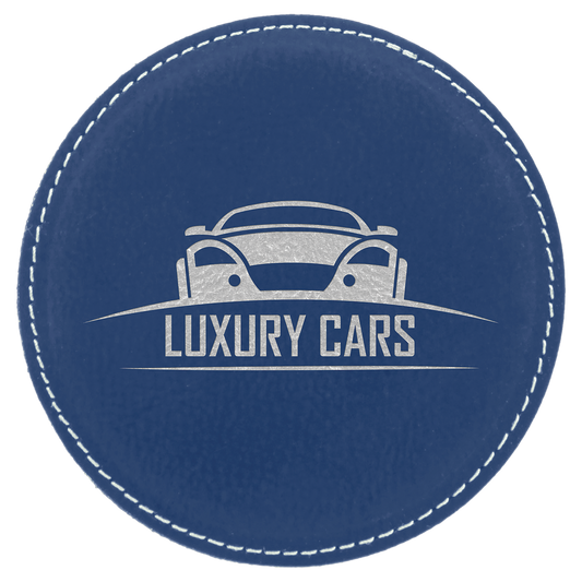 4" Blue/Silver Round Leatherette Coaster – item GFT835