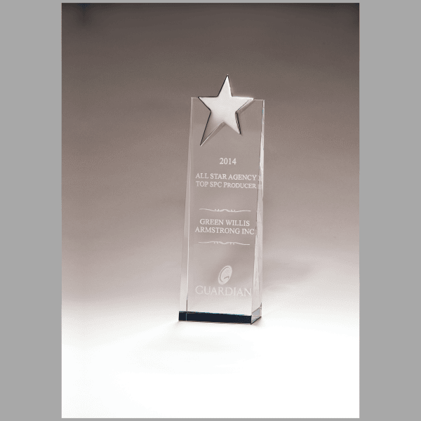 2.75" x 9" Crystal Trophy w/ Silver Star, Prism-3ffect Award – item K9079