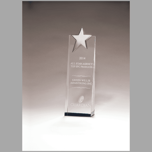 2.75" x 9" Crystal Trophy w/ Silver Star, Prism-3ffect Award – item K9079