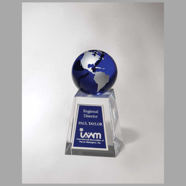 2.625" x 5.25" Crystal Trophy w/ Blue Globe Award – item K9124