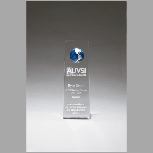2.75" x 8" Crystal Trophy w/ Blue Globe Award – item K9236