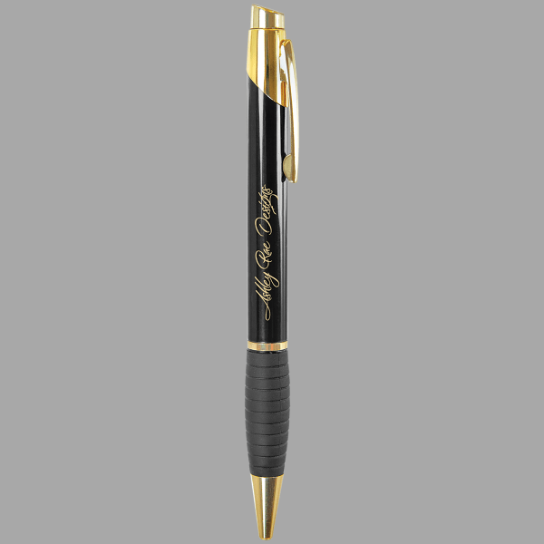 Black Gloss Ballpoint Pen with Rubber Gripper, Gold Trim – item LP501A image 2