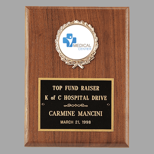 4.5" x 6" 2" Walnut Plaque w/ Gold Border Black Plate – item P1410