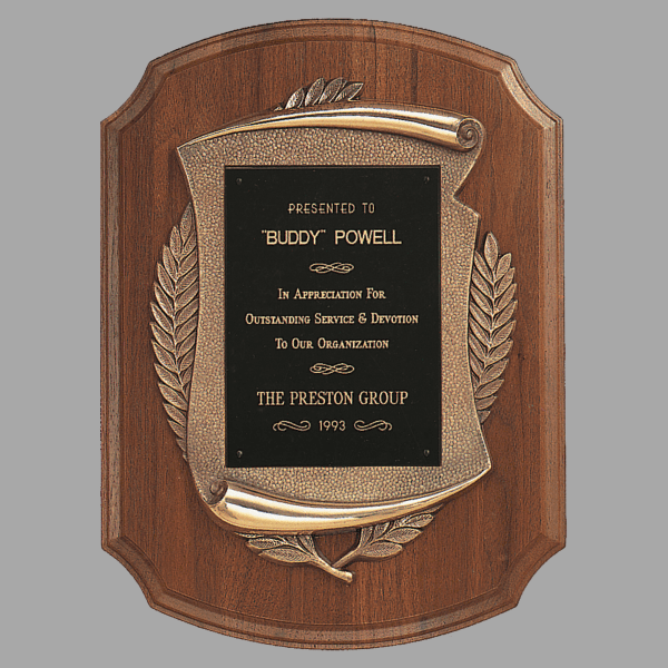 11" x 15" Walnut Notch Corner Plaque w/ Bronze Scroll – item P1433
