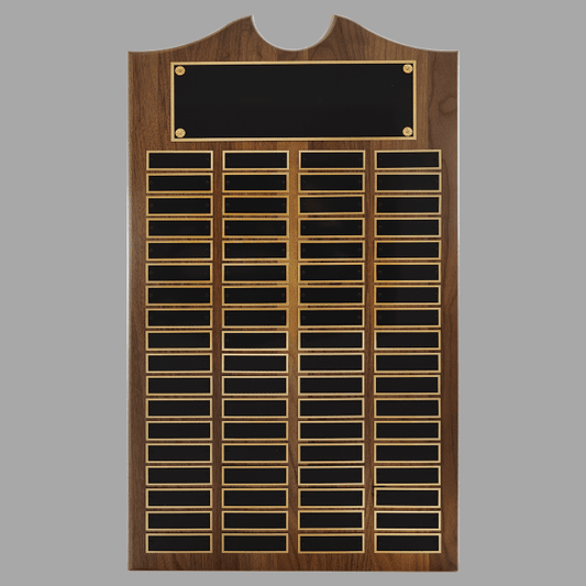 14" x 25" Walnut Roster Plaque w/ 72 Plates – item P1557