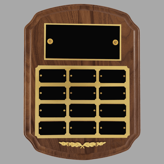 9" x 12"/Plates 1" x 2" Walnut 12 Plate Perpetual Plaque – item P184