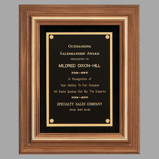 12" x 14" Walnut Framed Plaque w/ Gold Trim & Black Velour – item P1983